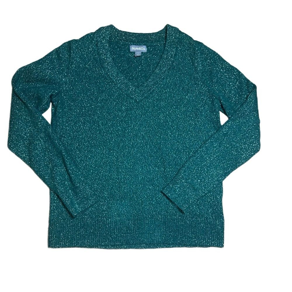 Style & Co. Sweater Womens Size S Metallic Green V Neck Sparkle Knit Glamorous